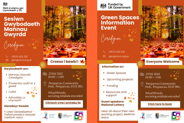 CAVO Green Spaces Information Event
Digwyddiad Gwybodaeth Mannau Gwyrdd CAVO